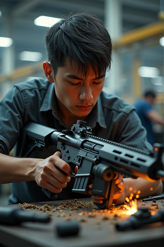 Young man working in a weapons factory
