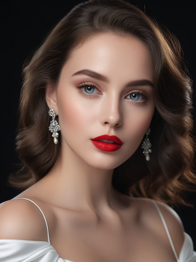 (best quality,4k,8k,highres,masterpiece:1.2),ultra-detailed,(realistic,photorealistic,photo-realistic:1.37),beautiful eyes,beautiful lips,detailed face,red lipstick,gorgeous woman,white dress,elegant fashion model,elegant look,long eyelashes,confident expression,flawless skin,posing gracefully,flowing fabric,soft and silky material,graceful movement,vibrant colors,artistic lighting,studio photo shoot, dreamy atmosphere