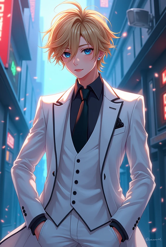 Anime art style, debonair Ezreal from League of Legends, charming figure, cute man, wearing a pristine white suit tailored to perfection, complemented by a classic black tie, tousled blonde hair softly framing his face, expressive azure eyes sparkling with mischief and confidence, standing against a stylish urban backdrop, hints of fantasy intertwined within the modern setting, elegant pose showcasing refined demeanor, delicate emo elements softly woven into his character, such as subtle piercings and a melancholic expression, set within an atmosphere of shimmering neon lights reflecting off nearby surfaces, dynamic composition emphasizing character's movement, bold color palette with contrasting whites and deep blues, smooth linework characteristic of anime, meticulous attention to detail in fabric textures and expressions, captivating blend of modern fashion with fantasy elements, capturing the spirit of adventure and charm that defines Ezreal in the League of Legends universe, vibrant background bustling with energy, showcasing elements of magic typical of the game, enhanced with soft lighting accentuating his features, creating an overall sense of enchantment and allure