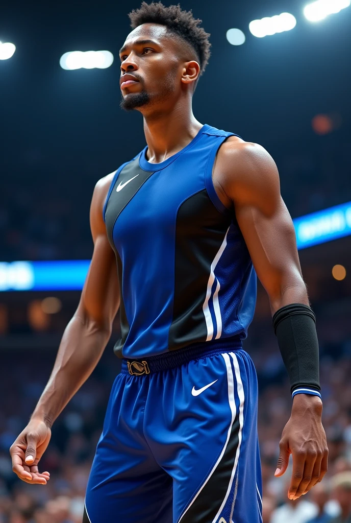 Create a blue and black basketball suit with white detailing 