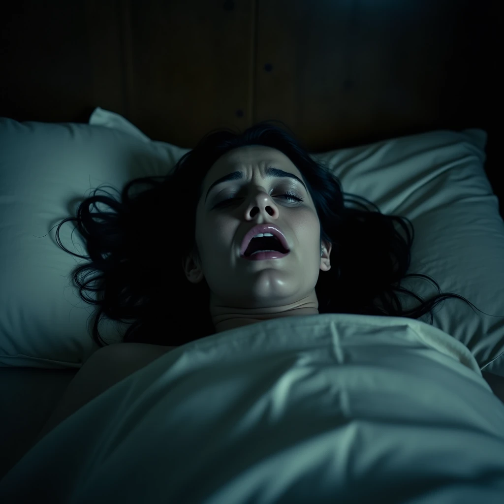 A woman lying DEAD in a bed, asphyxiated. Focus on her face. Movie scene.