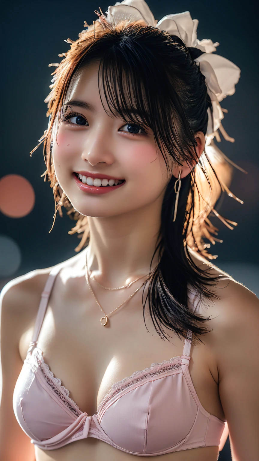 (8k, RAW Photos,Highest quality, High resolution:1.1), (Ultra-realistic:1.4),(Realistic:1.4), Realistic Face,Realistic Body,Realistic Skin,masterpiece,(cute:1.8), Japanese, ((pink sexy bra)), Upper Body, Beautiful dark eyes,Innocent eyes,Cinema Lighting,Film Grain,jewelry,Earrings,((Medium Hair:1.1)),Cherry colored lips,Hair Ribbon,ponytail,Audience,Long Hair,,Open your lips,Upper teeth, (Smiling Eyes:0.6),((Grin:1.3)),Blurred Background, Eye focus , Bokeh,young, 85mm lens, Photon Mapping,Radio City,Big Breasts, necklace