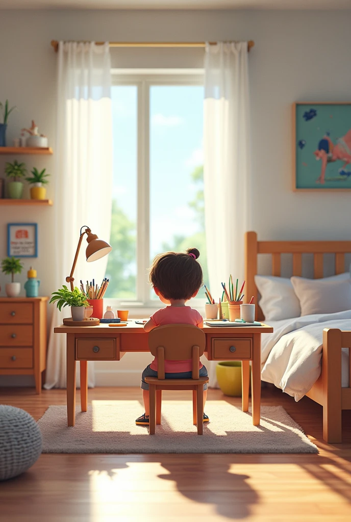 fourth room of a child without the child his desk pencil colors on the desk bed spacious clear horizontal long without the child