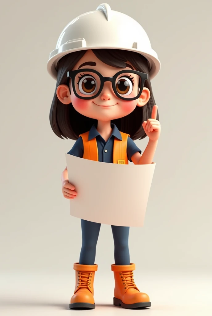 A full body 3D cartoon character. She has a friendly appearance, charismatic appearance and is smiling. The character is a young girl with light skin, straight dark brown hair, thick eyebrows, big brown eyes and wears glasses. His expression is neutral, with a calm and serene demeanor. The character is dressed in a white safety helmet, dark blue polo, orange vest, Security boots. She has a blueprint in one hand and is raising her finger in approval. The background of the image is neutral, which makes the character stand out even more.