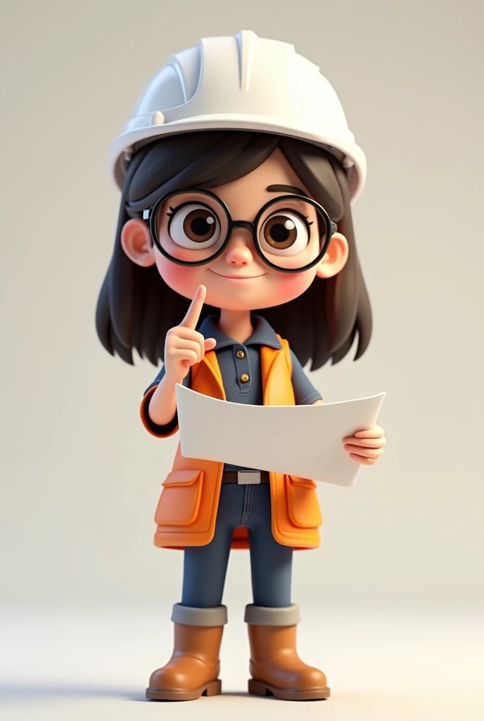 A full body 3D cartoon character. She has a friendly appearance, charismatic appearance and is smiling. The character is a young girl with light skin, straight dark brown hair, thick eyebrows, big brown eyes and wears glasses. His expression is neutral, with a calm and serene demeanor. The character is dressed in a white safety helmet, dark blue polo, orange vest, Security boots. She has a blueprint in one hand and is raising her finger in approval. The background of the image is neutral, which makes the character stand out even more.