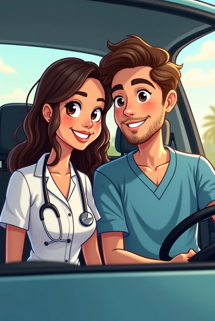 Couple of a clinical laboratory technician girlfriend in a medical uniform and her economist boyfriend in a cartoon inside a car, he with his hand on the steering wheel and the other with his girlfriend, both looking forward