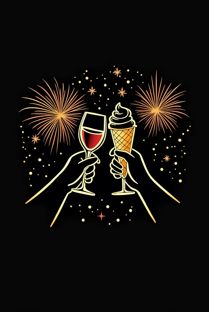 A logo in black and gold with a ball and in the center two hands toasting with a glass of wine and in the other an ice cream, and in the background fireworks