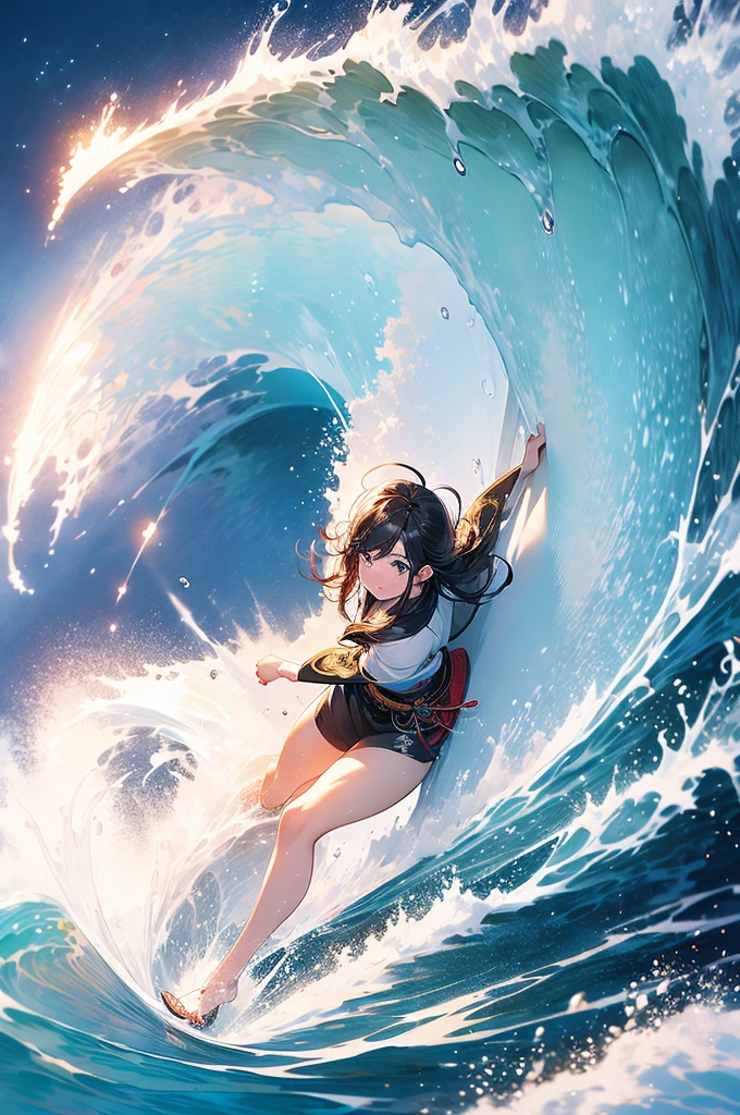 High definition, High quality, 8k、((japanese painting)), samurai elf girl, surfing, big wave,