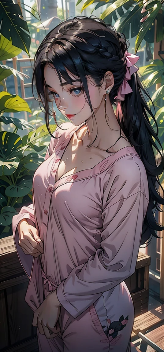 Bblack hair, long hair, clavicle, へそ, middle of the chest, skin wet, ray tracing, Depth of field, looking at the audience, a girl in pink pijamas in the jungle, esportivo, pijamas, pijamas, pink pijamas long,