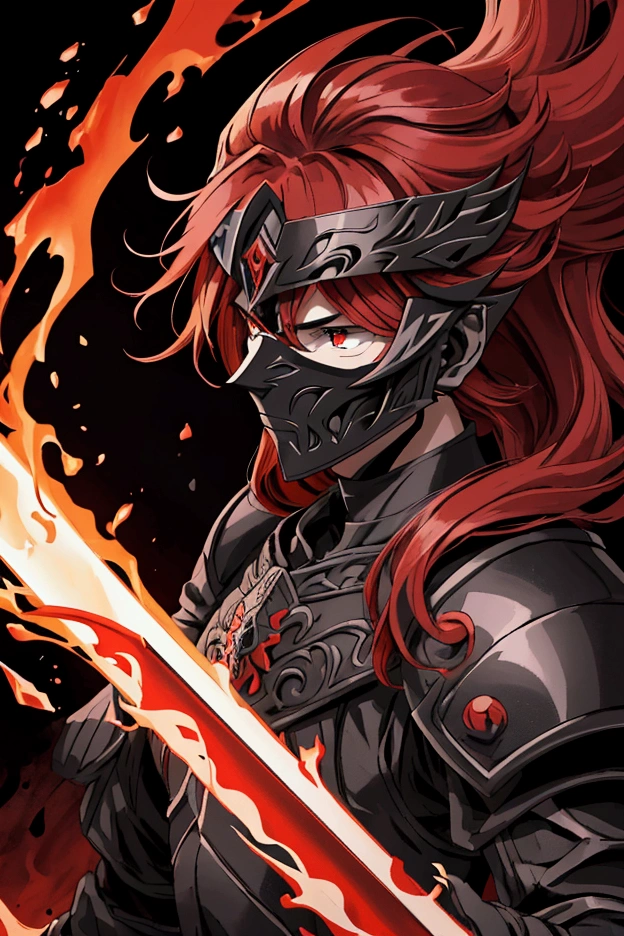 a warrior in ornate black armor, with a helmet that covers part of the face, leaving visible bright red eyes. He holds a deep red sword, with flowing red hair. The background is abstract, in shades of red and black, creating a dark and chaotic atmosphere. The style is painted, evoking power and mystery.