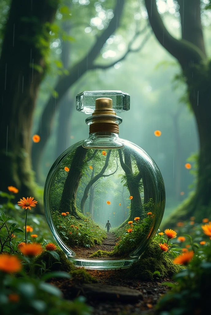 A dense, rainy, flowery forest inside a perfume bottle