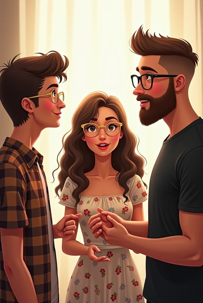 Man with round glasses short brown hair and beard with plaid shirt, in the middle, woman with long brown curly hair wearing gold-framed glasses and a floral dress . Shaved brown bearded man with black t-shirt. The three are counting that there are 4 months left until the end of the year.