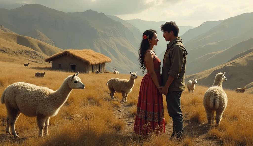 A 20-year-old young woman from the Peruvian Andes grazing many alpacas meeting a young man also from the Peruvian Andes, 1 , poor peasant grazing other people's animals . They both fall in love. with a house and the Andes in the background. Based on a book by José María Arguedas