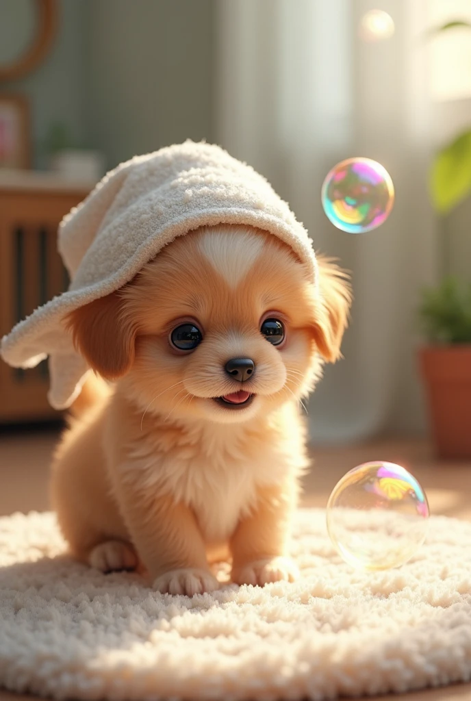 Puppy, Soap bubble, towel on the head 