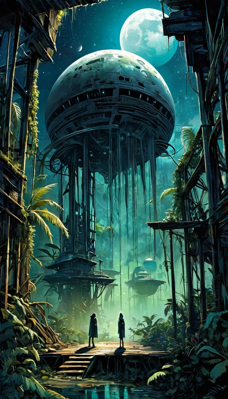 Enter the mysterious nighttime expanse of a deserted city, where moonlight cascades down on the skeletal remains of wooden structures, intertwined with the sturdy tendrils of jungle vegetation. Arriba, The cosmic tapestry is interrupted by the great spaceship. A surreal alliance of desolation and extraterrestrial presence unfolds beneath the twin moons, creating an enigmatic atmosphere over the abandoned cityscape -inspired by the art of Bill Sienkiewicz and Dave McKean