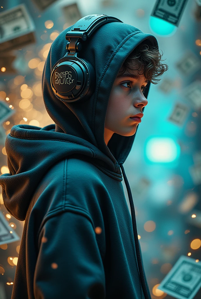 a photo for my Instagram profile, related to making money with the internet, the name of the pergil is " million boy ", I thought of a half cybernetic group, like a kid in a hoodie and headphones, in a footprint involving money and technology