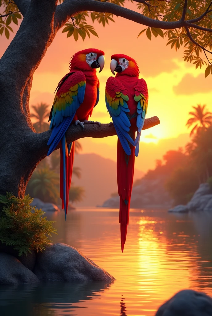 A pair of macaws hanging from a tree on the edge of a river at sunset 