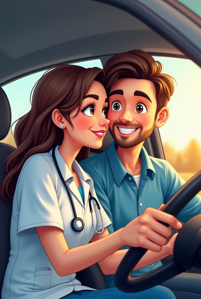 Couple of a clinical laboratory technician girlfriend in a medical uniform and her economist boyfriend in a cartoon inside a car, he with his hand on the steering wheel and the other with his girlfriend, both looking forward