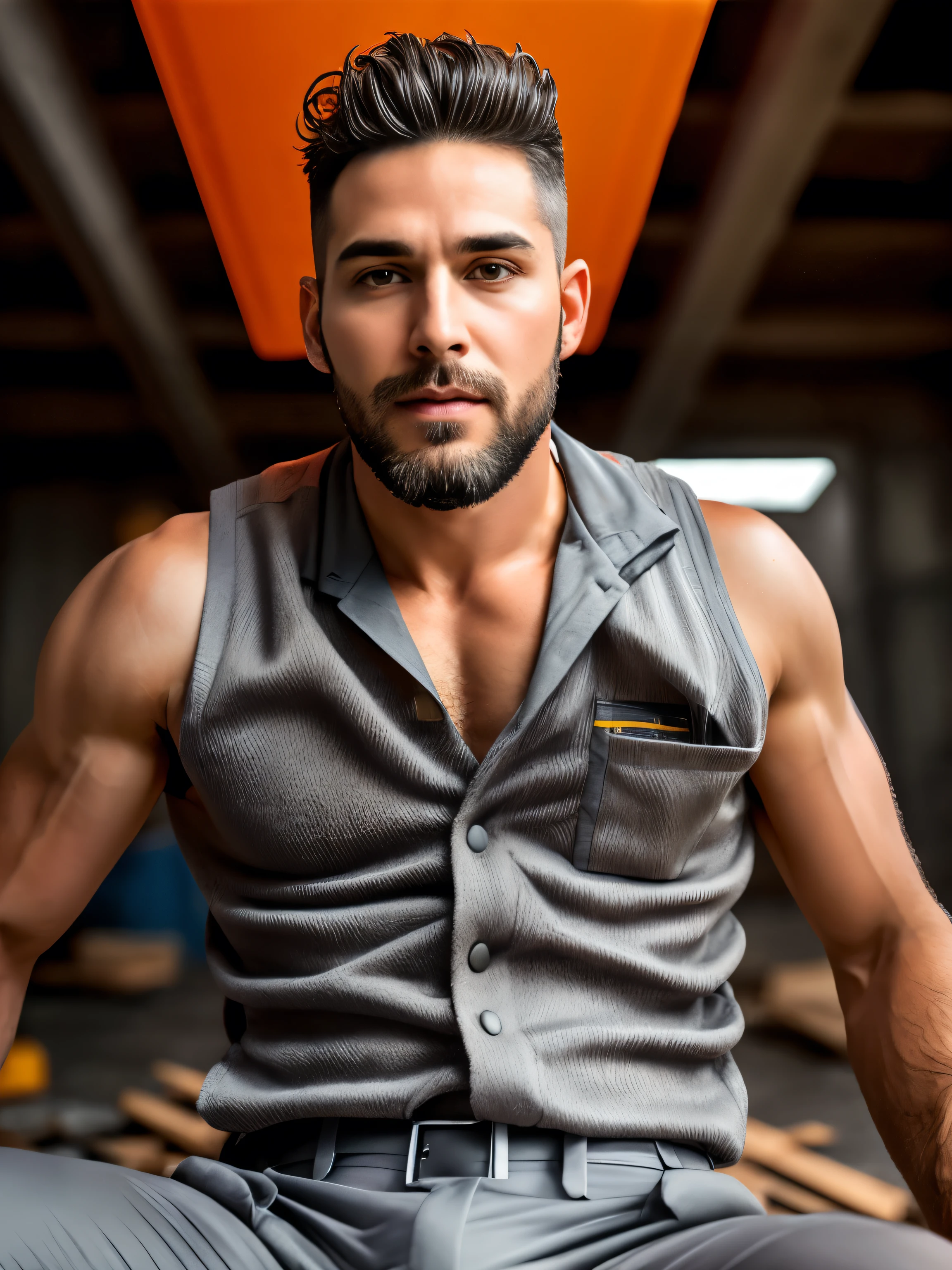 work of art, best qualityer, high resolution, retrato em close, male focus, focus only, one men, 20 years old, with construction worker uniform, unbuttoned work clothes, construction worker, silver gray hair, messy hairstyle, cute and seducer face, bare chested, body hair, facial hair, roman nose, sweaty, opening the legs, hairy armpit, pubic-hair, seducer, very thin body, furry legs, Dimples, barba, goatee, bold chin , in the background a construction site, orange safety vest, homosexual , erotic, view from the bottom, amazing composition, from front view, HDR, ultra quality, chic, highy detailed