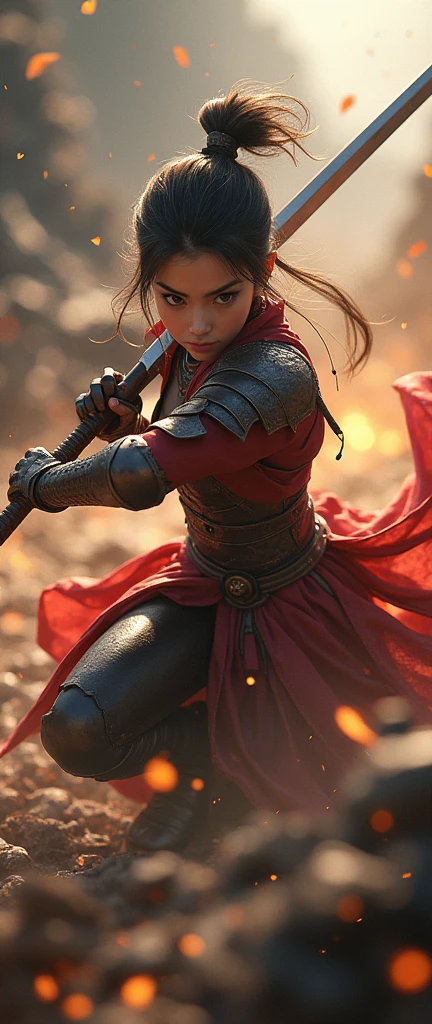 A beautiful female warrior in a dynamic fighting pose, overhead view, crouched in the middle of a battle, high school student, animated character, (best quality,4k,8k,highres,masterpiece:1.2),ultra-detailed,(realistic,photorealistic,photo-realistic:1.37),detailed face,beautiful detailed eyes,beautiful detailed lips,extremely detailed eyes and face,longeyelashes,dynamic action pose,detailed armor,highly detailed sword,rugged battlefield background,cinematic lighting,vibrant colors,dramatic shadows