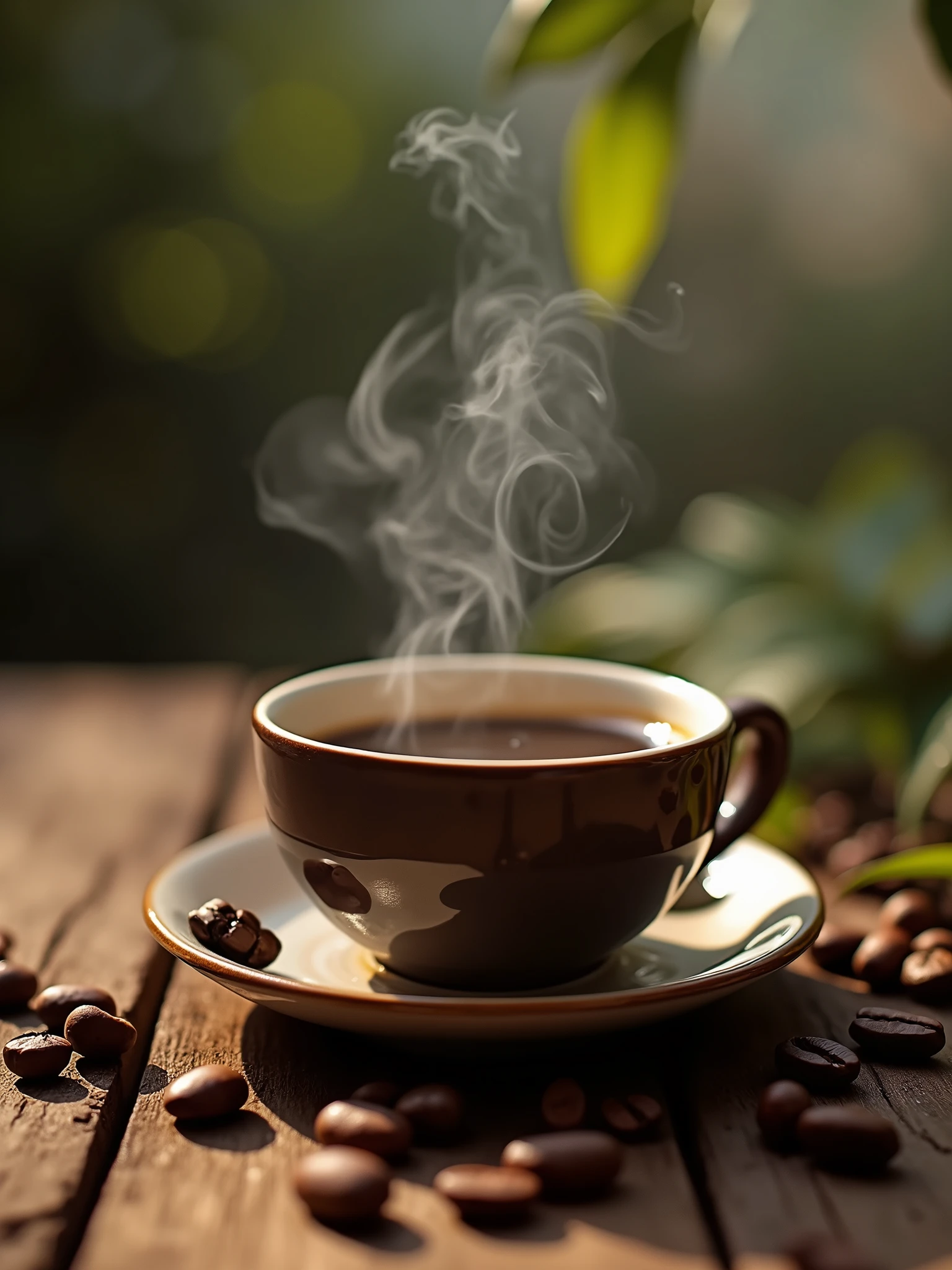 A close-up of a cup of coffee with steam on top of the table , On the table there are coffee beans and leaves