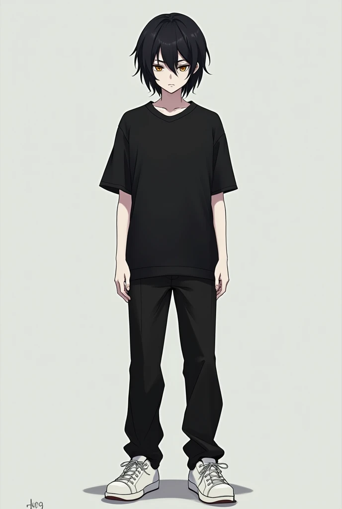 A black-haired anime with a serious face wearing a black short-sleeved shirt, black pants, white tennis shoes, and pale white skin, male