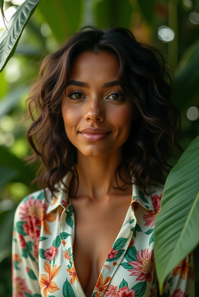 A Brazilian woman in a lush tropical garden, wearing an open shirt with a floral print, with a close-up capturing the harmonious beauty between her breasts and the natural flowers, showing off your natural charm and outgoing personality.