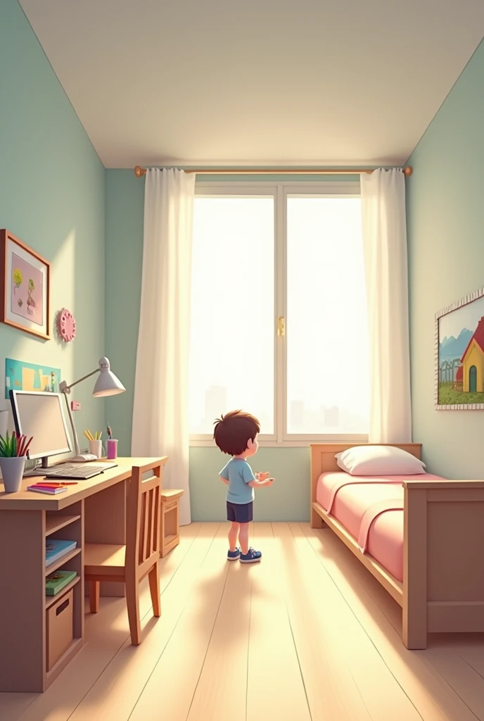 fourth room of a child without the child his desk pencil colors on the desk bed spacious clear horizontal long without the child who does not go out alone the room