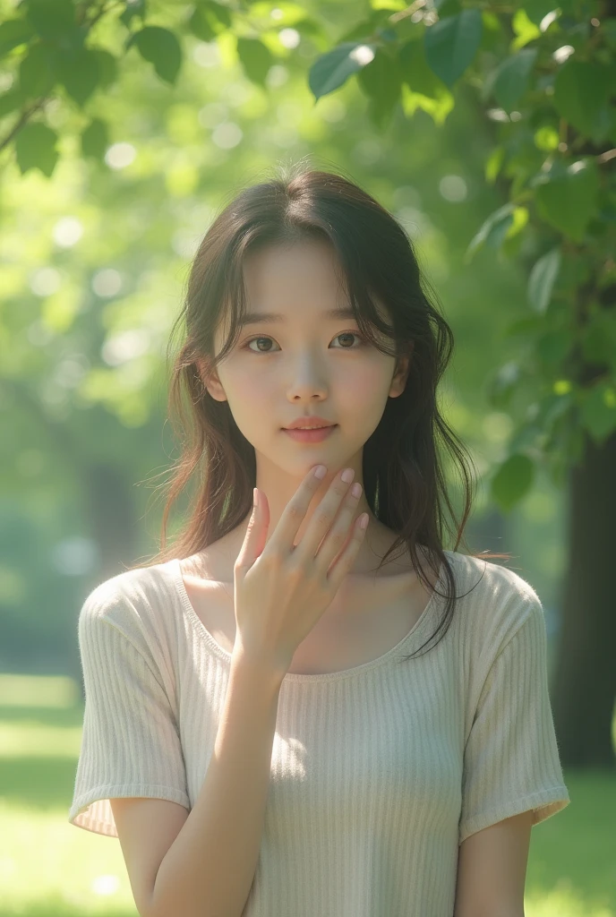 Young fair-skinned Japanese woman。I walked under the greenery of the park wearing a short-sleeved summer knit made of cool-looking fabric.。Selfie-style images。