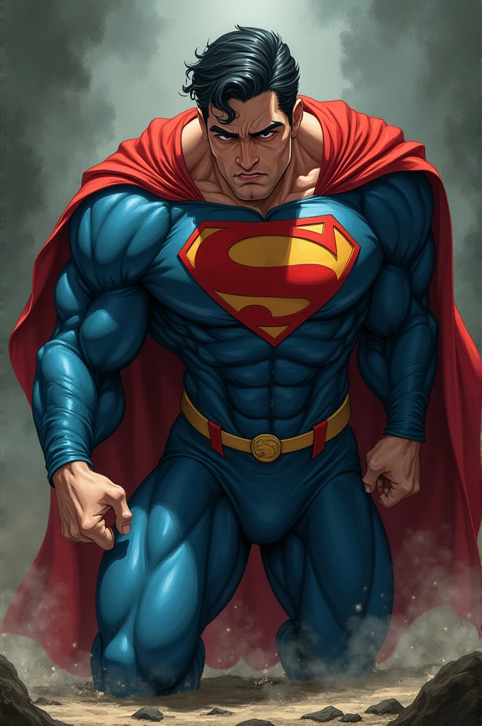 ((best quality)), ((masterpiece)), (detailed), perfect face. Superman, defeated, on his knees, submission, scared, torn/revealing suit, anime, kryptonite stone, big bulge in groin area, muscular, handsome.