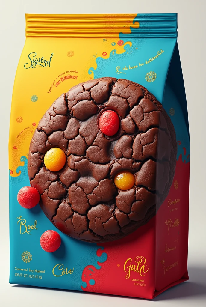 Make an image of a yellow, blue and red cookie packaging for some chocolate cookies with gummies