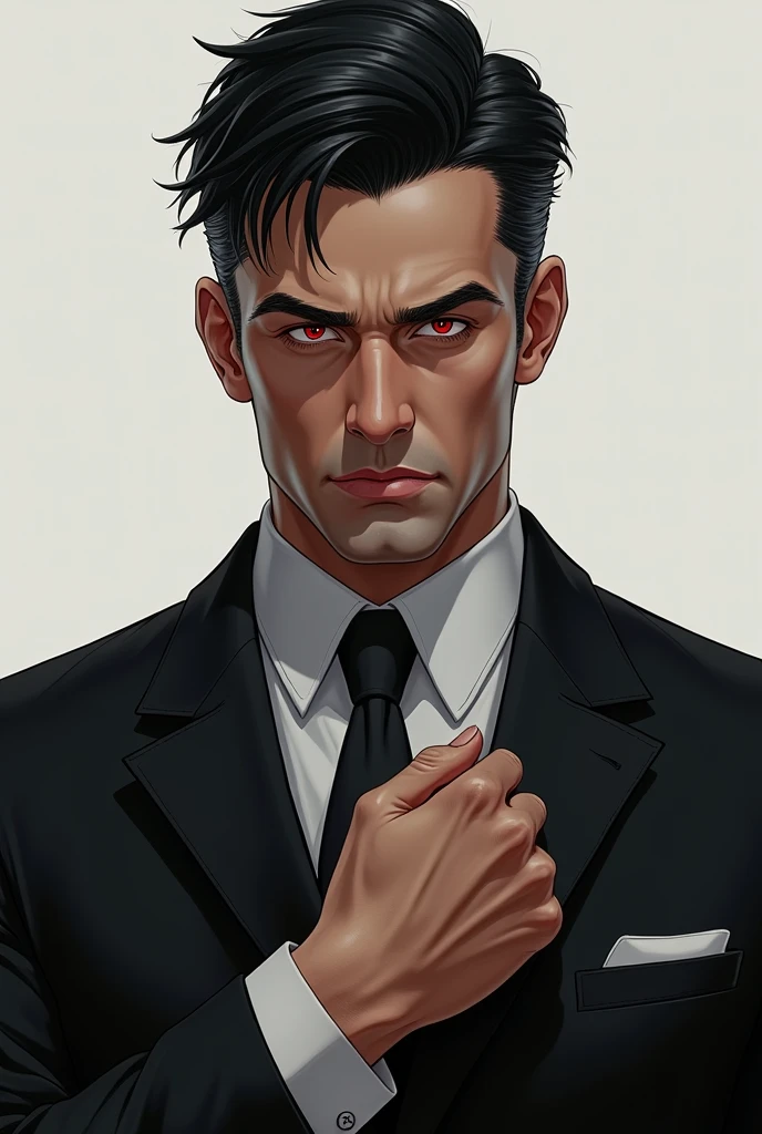 a mature man, very handsome, ((cold expression)), short black hair, red eyes, face perfect without mistakes, ((buttoning his jacket, CEO)