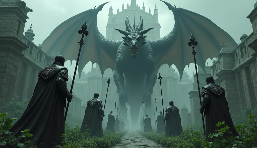 Top quality, masterpiece, poker cards with human creatures, poker card soldiers holding spears, huge western ancient building, clover-shaped trees, garden in front of building, detailed image texture, creepy, scary, creepy atmosphere (not AI image), cloudy weather, low color image, creepy, image from a distance, delicate skin expression, huge dragon standing in front of soldiers