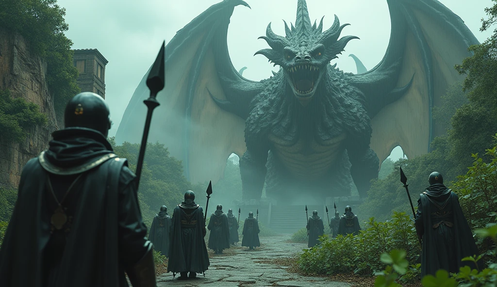 Top quality, masterpiece, poker cards with human creatures, poker card soldiers holding spears, huge western ancient building, clover-shaped trees, garden in front of building, detailed image texture, creepy, scary, creepy atmosphere (not AI image), cloudy weather, low color image, creepy, image from a distance, delicate skin expression, huge dragon standing in front of soldiers