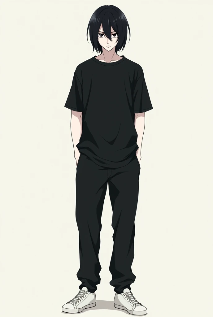 A black-haired anime with a serious face wearing a black short-sleeved shirt, black pants, white tennis shoes, and pale white skin, male 
