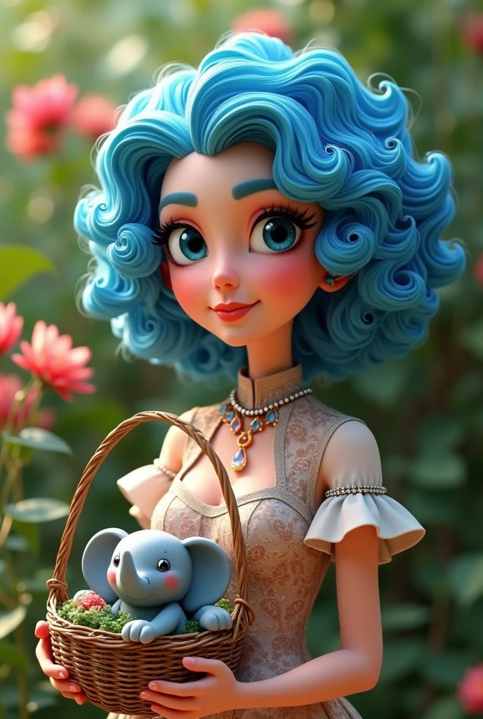 45age Curly blue haired woman
with blue eyes،
There is an old basket next to it with a small elephant inside،
The woman in gardenparty
Style 3D