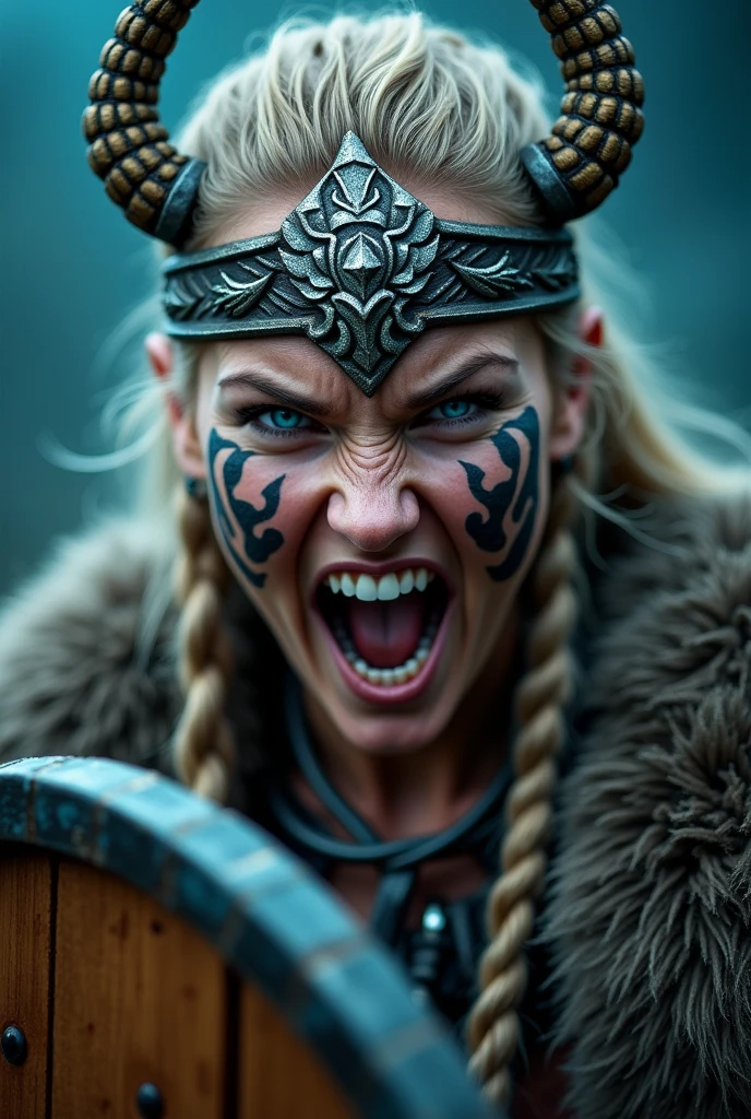 Close up face beautiful viking woman, wooden shield in hand , strong blue light in the eyes, crown of wings with many details , viking face paintings, Angry, bone necklace around the neck, battle armor, yelling, braids in hair, blonde, looking 3