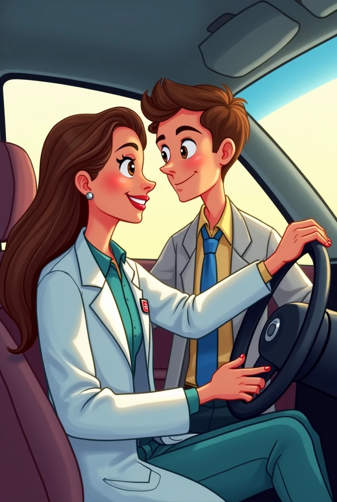 Couple of a clinical laboratory technician girlfriend in uniform and her economist boyfriend in a cartoon inside a car, he with his hand on the steering wheel and the other with his girlfriend, both looking forward