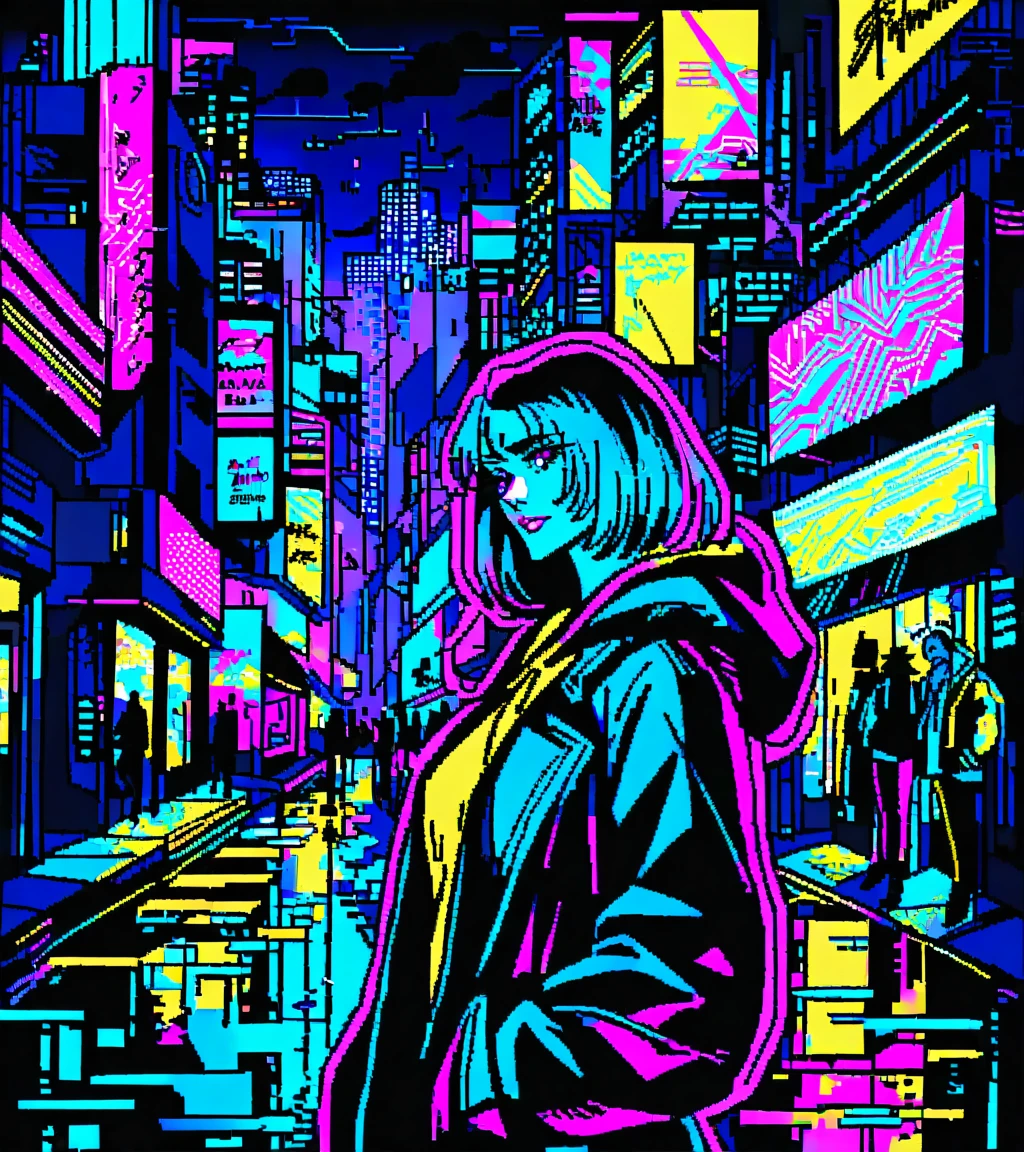 (Anne of arms,A girl with a beautiful face.), evening, cyberpunk city, Dark, Raining, Neon lights, ((Wearing a blazer over a hoodie)), blazer, hoodie,(cyberpunk 2077 cityscape), (), cyberpunk 2077, cyberpunk, synthesized wave, 1980s, futurism, brutalism, neuromante,he is,, by Adrianart,In a dense crowd of people,powerful girl, Superchica, rubio