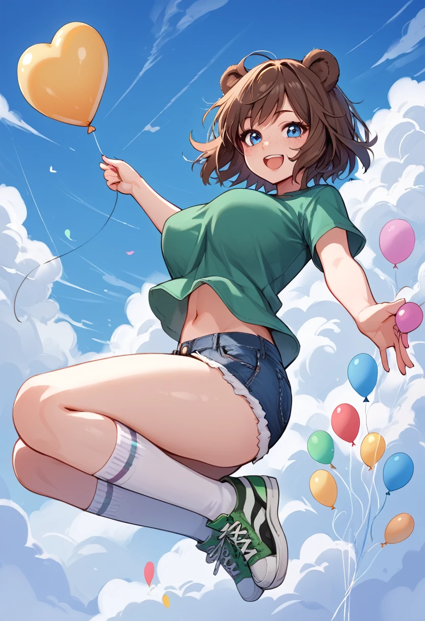 score_9_up, score_8_up, score_7_up, 1girl, solo, source_anime, hourglass figure, Big breasts, kemonomimi, bear ears, brown hair, short hair, messy_hair, blue eyes BREAK freckles, green shirt, short sleeves, navel, denim shorts, high socks, white socks, green sneakers, flying, background sky, cloudy sky, clouds, blue sky, heart balloons, holding balloons, smile, open mouth, blush, looking at viewer