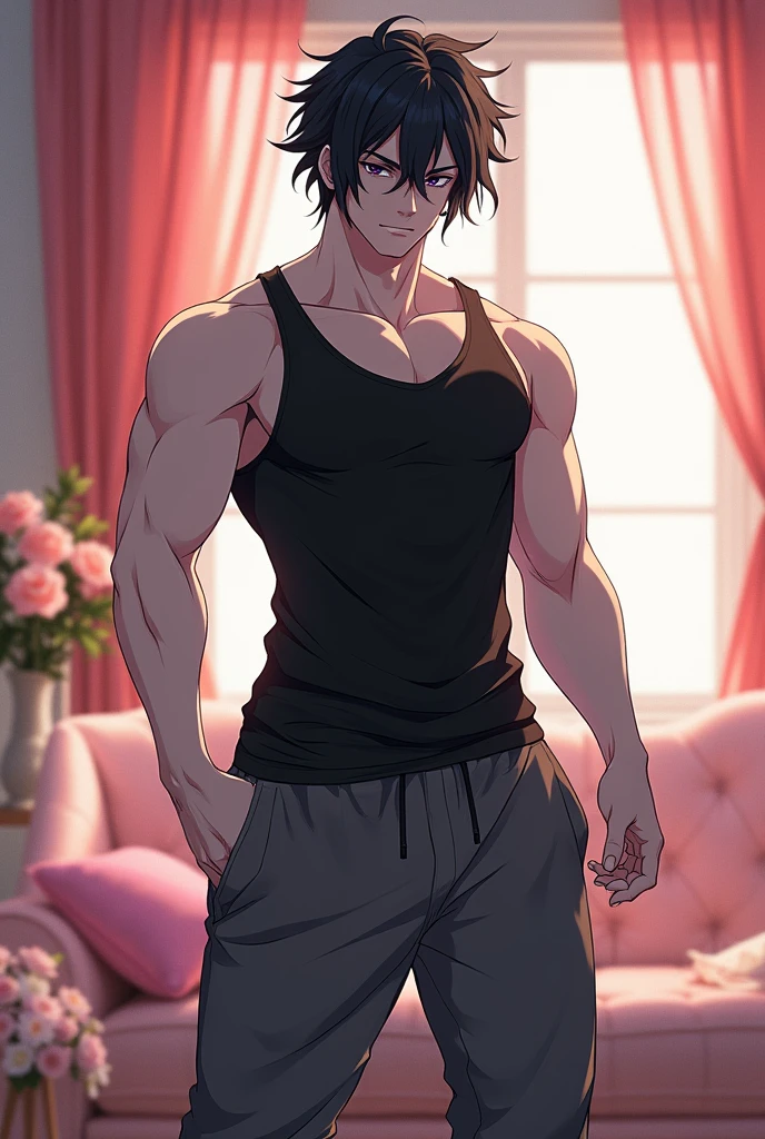 an adult guy, disheveled black hair, slanted black eyes, white skin, muscular body, with a black tank top, loose sweatpants, background is a feminine room, Counterfeit-V3.0, anime version