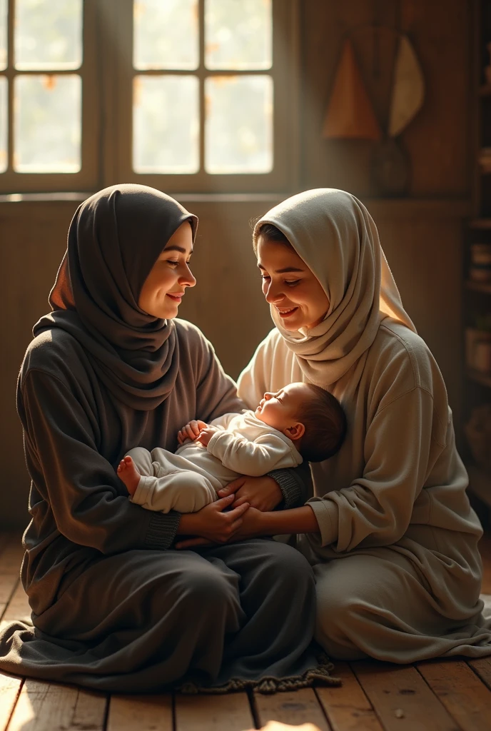 baby boy carried by beautiful muslim woman and muslim grandmother facing camera on the floor of a rural house