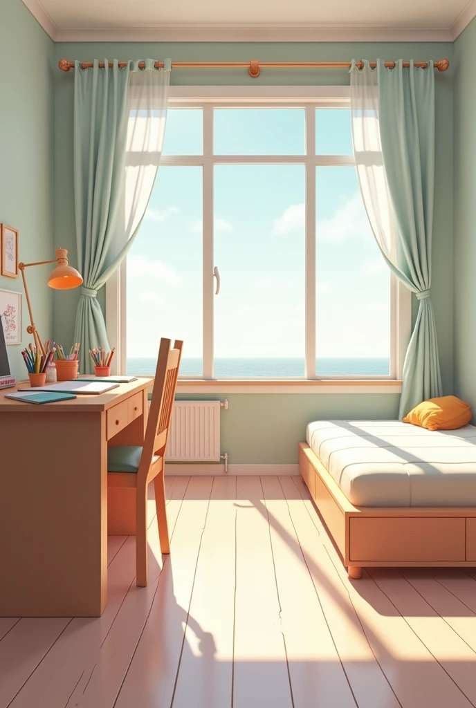 fourth room of a child without the child his desk pencil colors on the desk bed spacious clear horizontal long without the child who does not go out alone the room