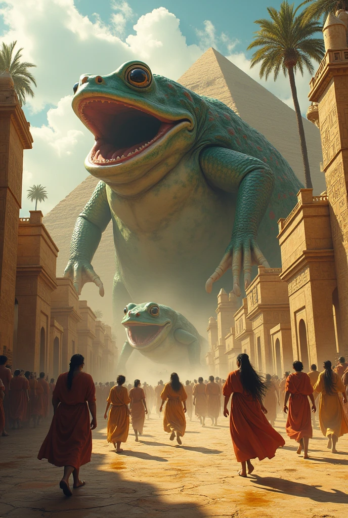 Egyptians flee in fear from frog invasion. 4K quality