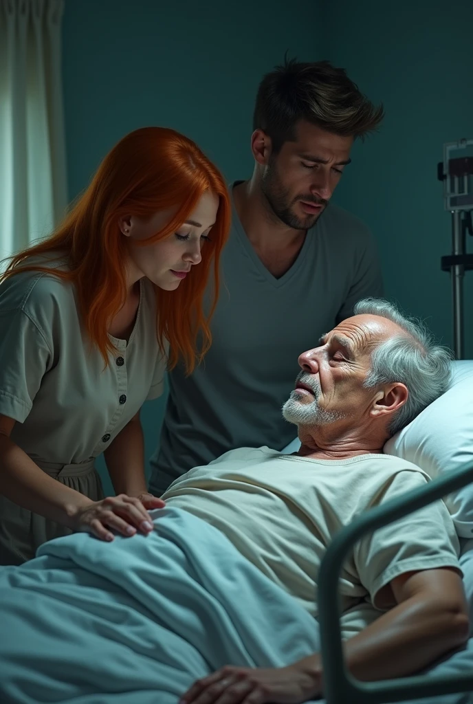 An orange-haired woman with her sad young husband next to a stretcher where there is an old man in the hospital