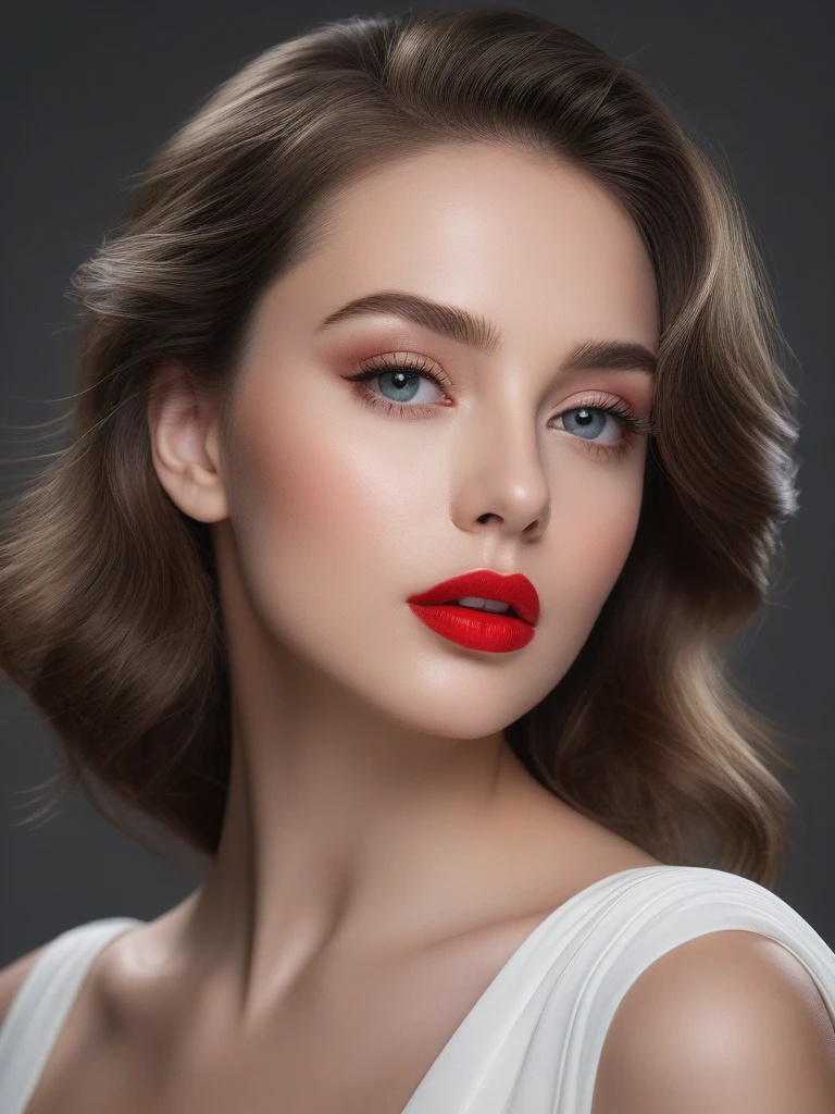 (best quality,4k,8k,highres,masterpiece:1.2),ultra-detailed,(realistic,photorealistic,photo-realistic:1.37),beautiful eyes,beautiful lips,detailed face,red lipstick,gorgeous woman,white dress,elegant fashion model,elegant look,long eyelashes,confident expression,flawless skin,posing gracefully,flowing fabric,soft and silky material,graceful movement,vibrant colors,artistic lighting,studio photo shoot, dreamy atmosphere