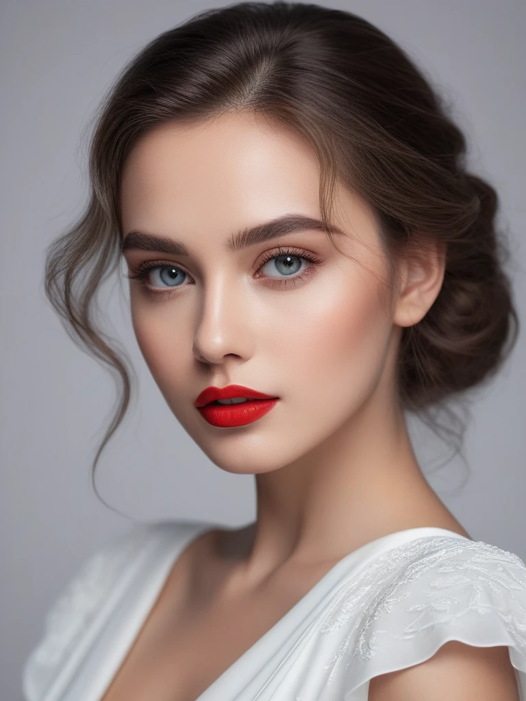 (best quality,4k,8k,highres,masterpiece:1.2),ultra-detailed,(realistic,photorealistic,photo-realistic:1.37),beautiful eyes,beautiful lips,detailed face,red lipstick,gorgeous woman,white dress,elegant fashion model,elegant look,long eyelashes,confident expression,flawless skin,posing gracefully,flowing fabric,soft and silky material,graceful movement,vibrant colors,artistic lighting,studio photo shoot, dreamy atmosphere