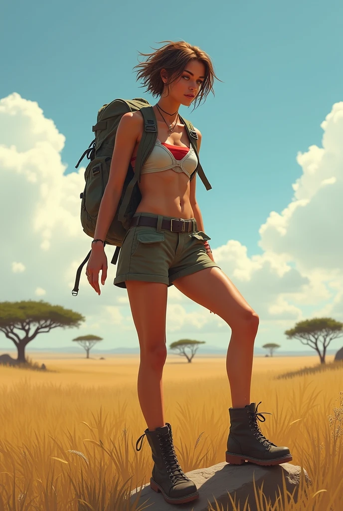 I will create the image of a young adventurer in the African savannah, with practical explorer clothing, including an adventurer top and a short utility skirt.she is standing with one leg on top of a rock so that her panties are discreetly visible, from sutia to sample,very sweaty and short hair. she in a skirt showing her red panties.Woman's face