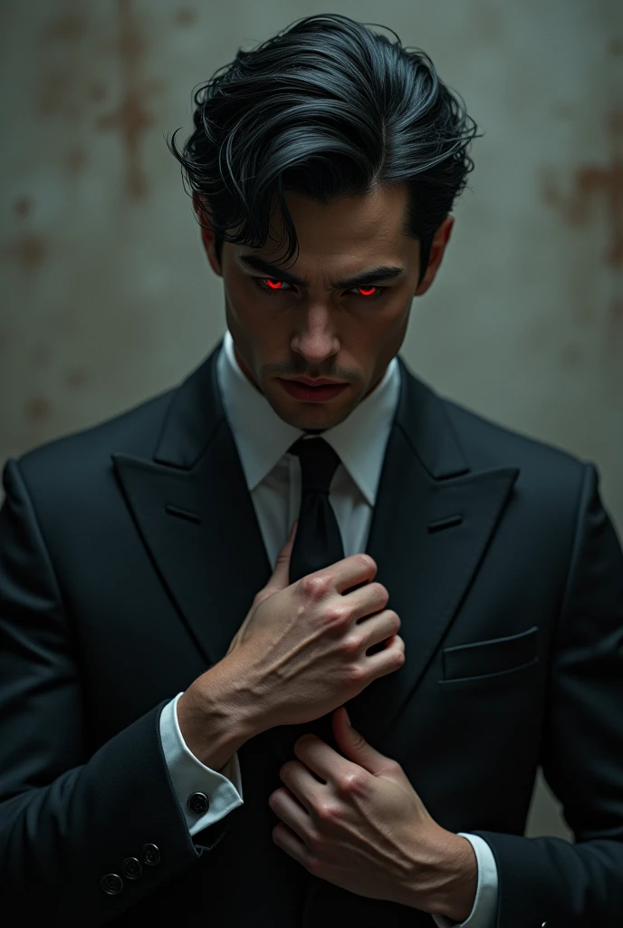 man, very handsome, ((cold expression)), short black hair, red eyes, face perfect without mistakes, ((buttoning his jacket, CEO)