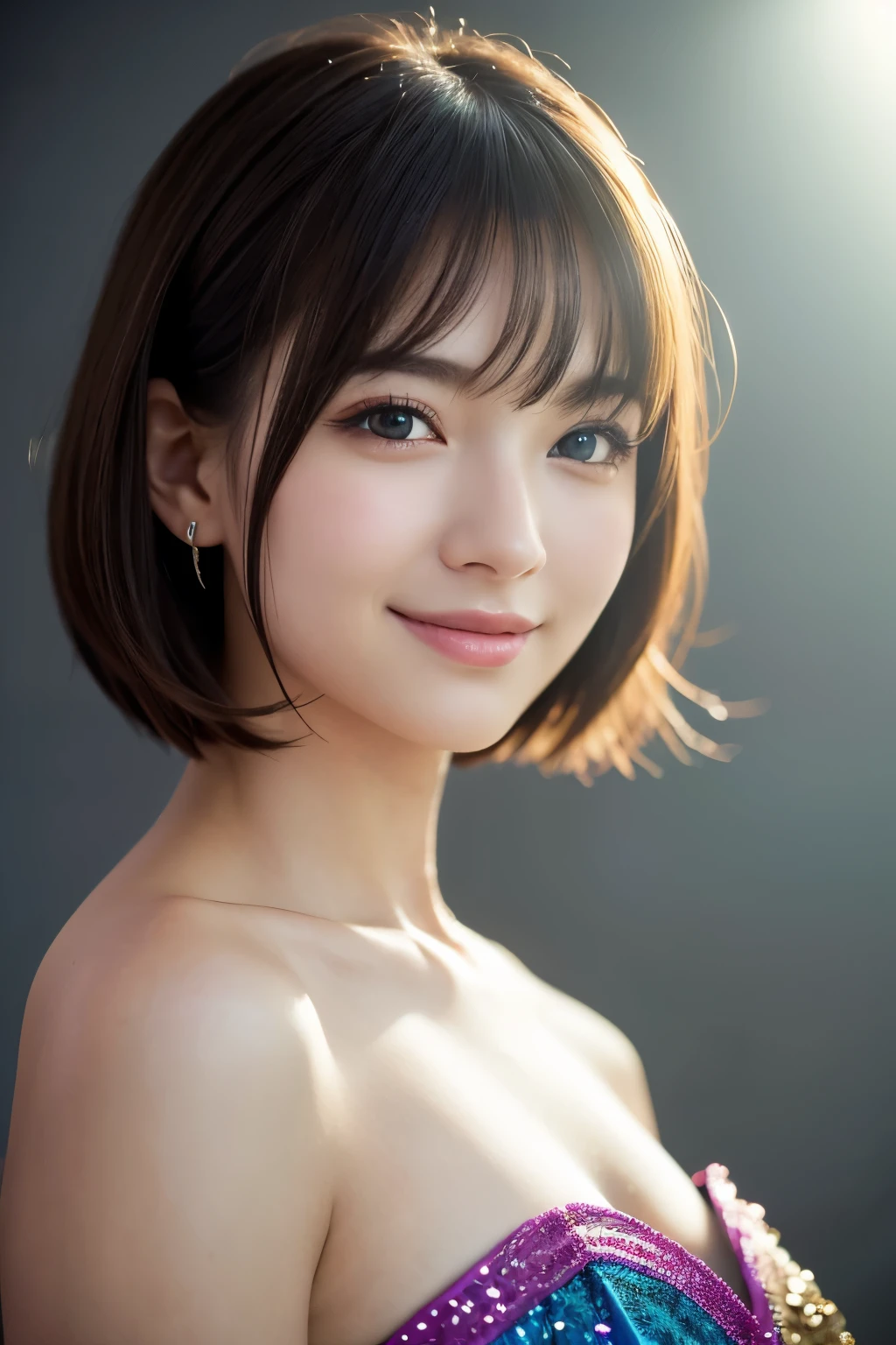 1 girl, (Wearing colorful stage costumes:1.2), Very beautiful Japanese idol portraits, Face close-up, (RAW Photos, highest quality), (Realistic, Realistic:1.4), (masterpiece), Very delicate and beautiful, Very detailed, 2k wallpaper, wonderful, finely, Very detailed CG Unity 8K wallpaper, Very detailed, High resolution, Soft Light, Beautiful detailed girl, Very detailedVery detailed eyes and face, Beautiful and sophisticated nose, Finely beautiful eyes, Cinema Lighting, (Simple light color background:1.3), (short hair), (Bob), Complete Anatomy, Slender body, Small breasts, smile